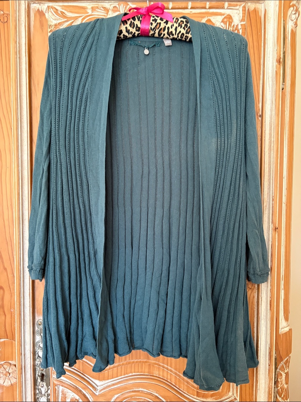 Anthropologie Teal Ribbed Open-Front Cardigan 3/4 sleeves 100% cotton